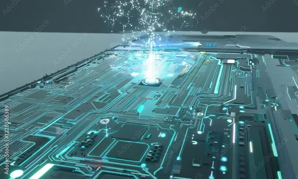 Futuristic circuit board with glowing elements and data stream, showcasing technology in action