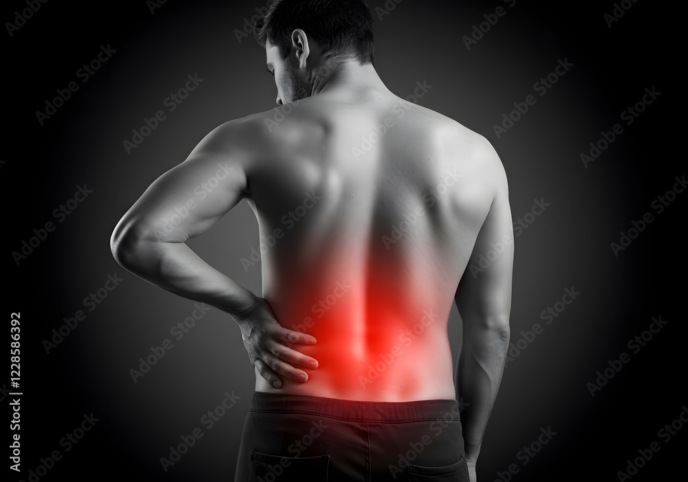 Fototapeta premium Man Experiencing Severe Lower Back Pain, Medical Illustration Showing Red Highlight on Affected Area