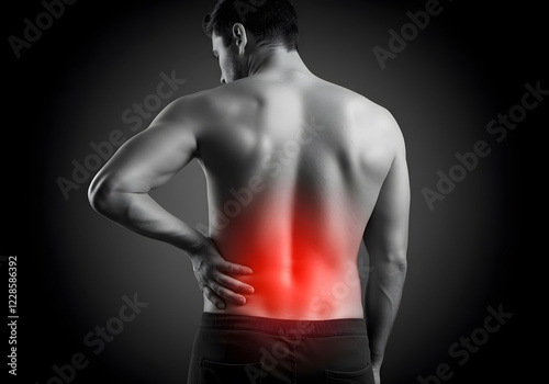 Man Experiencing Severe Lower Back Pain,  Medical Illustration Showing Red Highlight on Affected Area photo