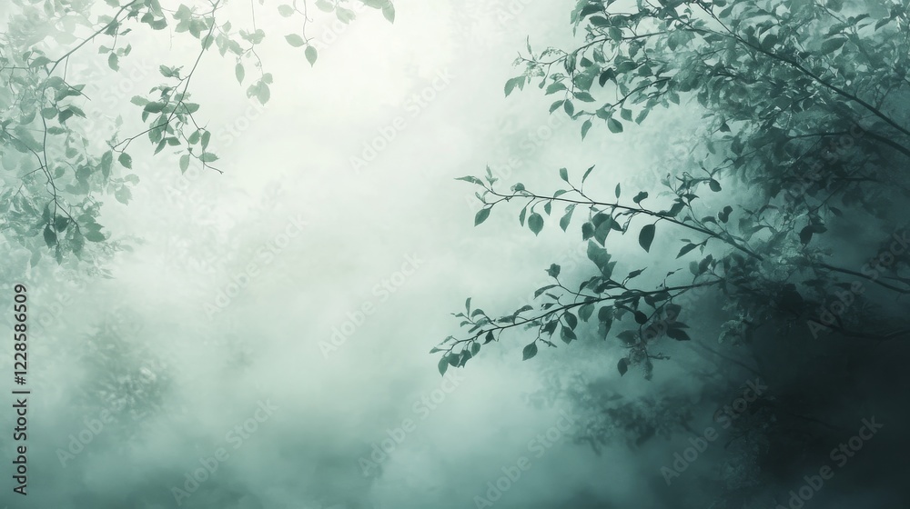 Misty Forest Scene With Silhouetted Leaves Misty Forest Scene With Silhouetted Leaves