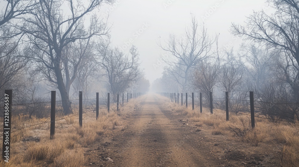 Fototapeta premium Dusty Road with Floating Cinders in Foggy Landscape