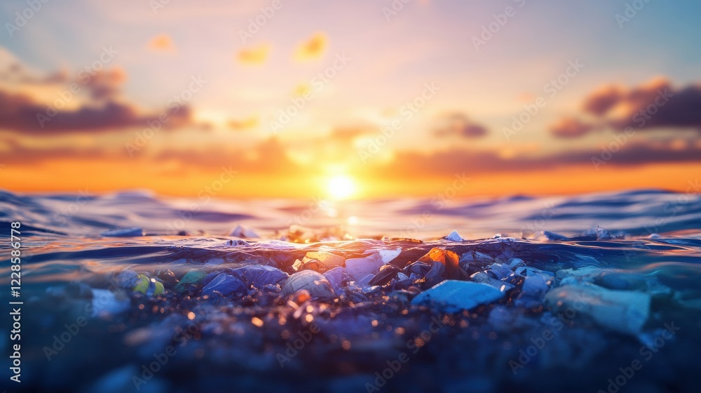Plastic pollution floating in ocean water at sunset, highlighting environmental concerns Plastic pollution floating in ocean water at sunset, highlighting environmental concerns