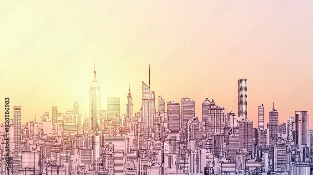 Fototapeta premium Urban skyline at sunset with artistic line drawing and soft glow