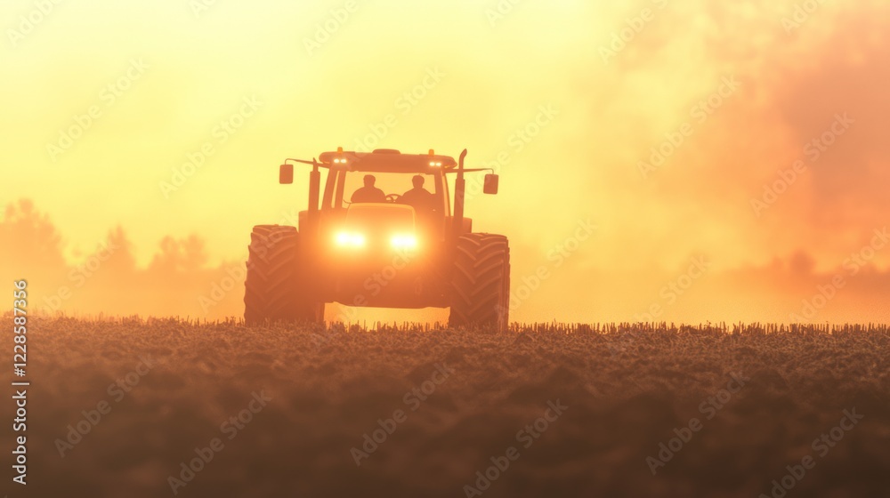 Fototapeta premium Tractor Plowing Through Field at Sunset with Smoke Background