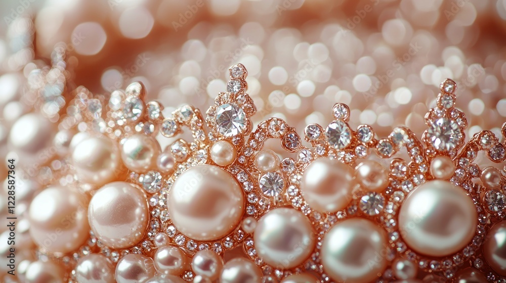 Pearl and diamond tiara on blurred background, bridal accessory Pearl and diamond tiara on blurred background, bridal accessory