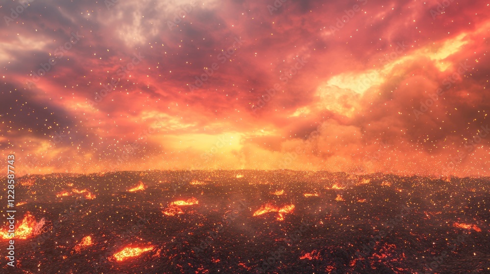 Naklejka premium Dramatic Ground-Level Shot of a Fiery Field Under a Fiery Sky