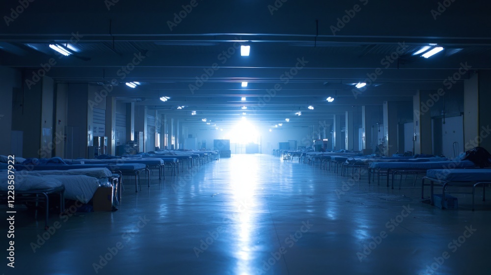 Obraz premium People in Hastily Arranged Evacuation Shelter During Emergency Situation