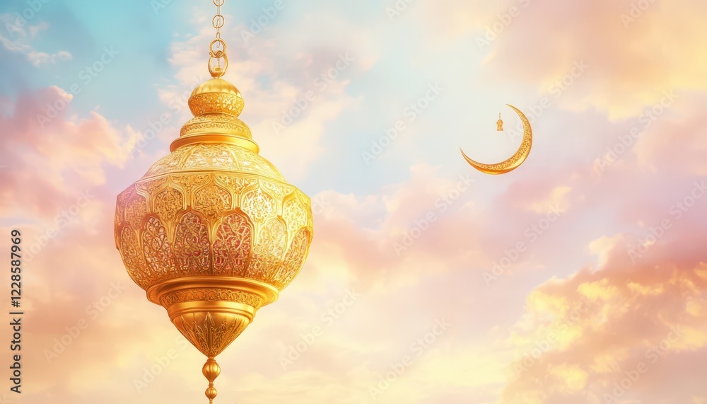 Obraz premium Ornate Golden Ramadan Lantern Hanging Against a Pastel Sky with Crescent Moon