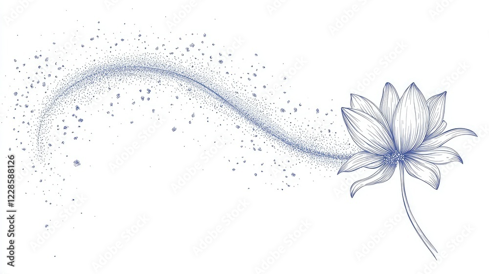 Delicate Blue Line Art of a Lotus Flower with Floating Particles Delicate Blue Line Art of a Lotus Flower with Floating Particles