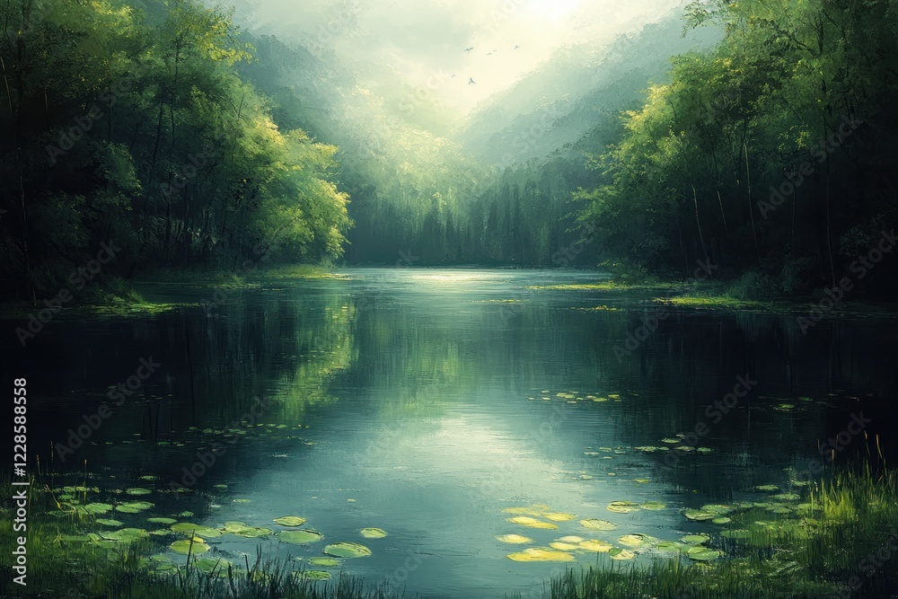 Aerial View of a Tranquil Lake Surrounded by Lush Greenery in Summer Aerial View of a Tranquil Lake Surrounded by Lush Greenery in Summer