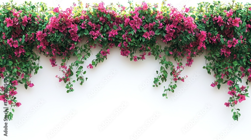 Fototapeta premium Pink bougainvillea vines hanging on white wall, blank space for text