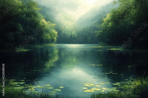 Aerial View of a Tranquil Lake Surrounded by Lush Greenery in Summer