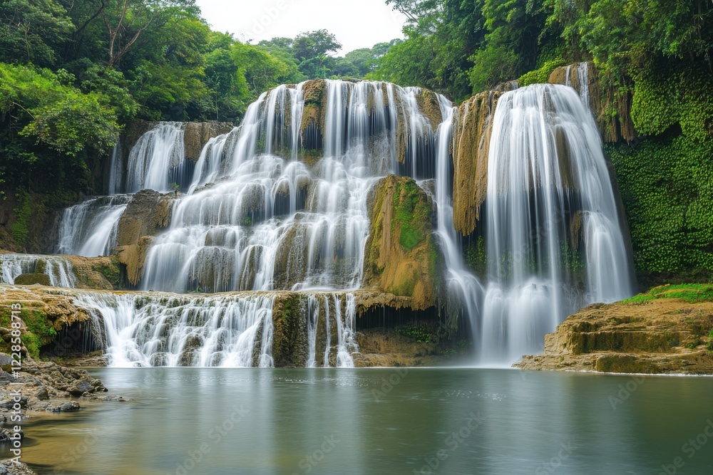 Fototapeta premium Mountain waterfall frozen in time with prismatic light refraction composition and vertical panorama on long exposure capture