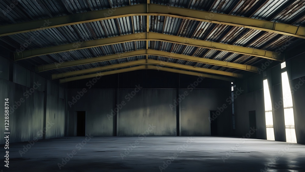 Empty room with yellow metal roof beams structure and aluminum corrugated tile roof of industrial building Empty room with yellow metal roof beams structure and aluminum corrugated tile roof of industrial building