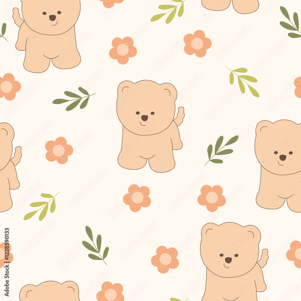 Obraz premium Seamless pattern with animals Cute seamless dog pattern decorated with flowers, leaves, polka dots, designed for printing on paper, fabric, children's clothing, and wallpaper. 