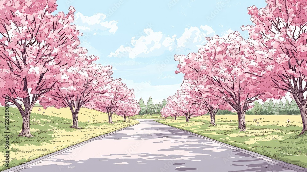 Serene Spring Pathway Surrounded by Pink Blossom Trees Serene Spring Pathway Surrounded by Pink Blossom Trees