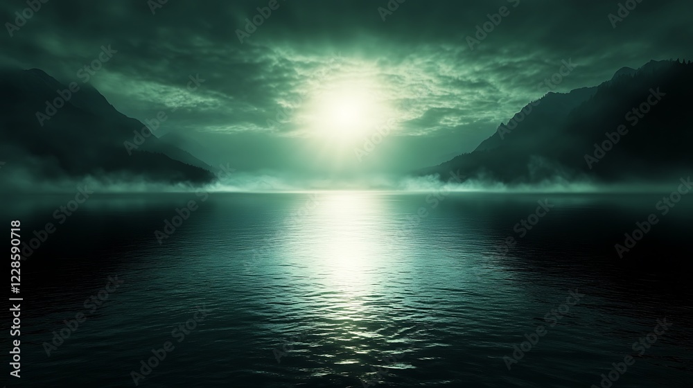 Fototapeta premium Serene Misty Lake Between Dark Mountains Under a Cloudy Sky