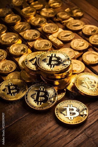 Golden Bitcoins on Wood