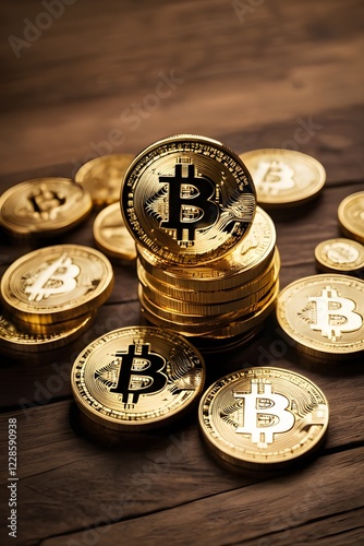 Golden Bitcoins on Wood