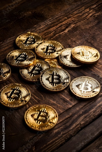 Golden Bitcoins on Wood