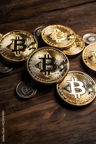 Golden Bitcoins on Wood