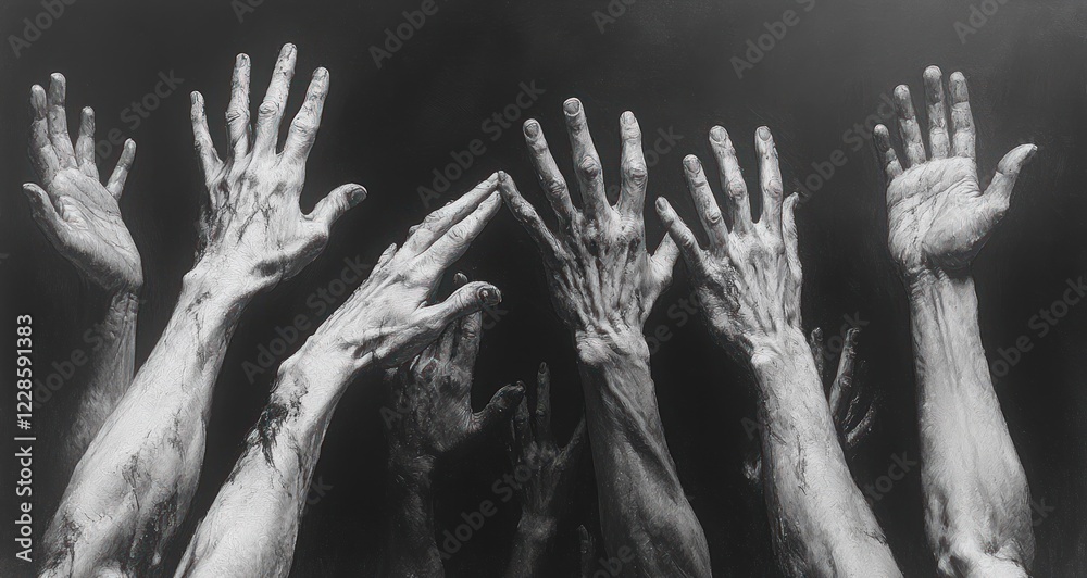 Hands Reaching Upward in Dramatic Light and Shadow on White Background Hands Reaching Upward in Dramatic Light and Shadow on White Background