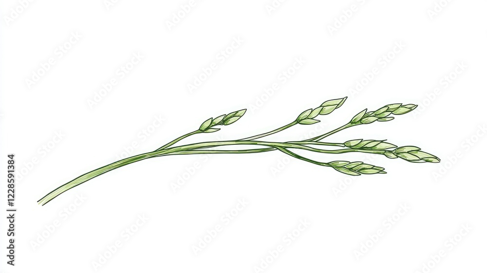 Delicate Green Sprig with Buds on a White Background, Fresh Plant Design Delicate Green Sprig with Buds on a White Background, Fresh Plant Design