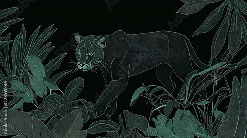 Fototapeta Naklejka Na Ścianę i Meble -  Detailed Illustration of a Panther Among Lush Green Foliage