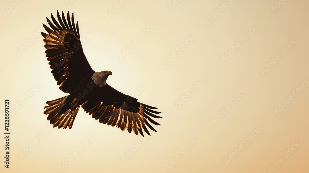 Obraz premium Majestic Eagle Soaring Against Warm Sunset Sky in Silhouette