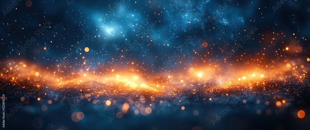 Naklejka premium Glowing Christmas Stars and Bokeh Lights in Blue Night Sky