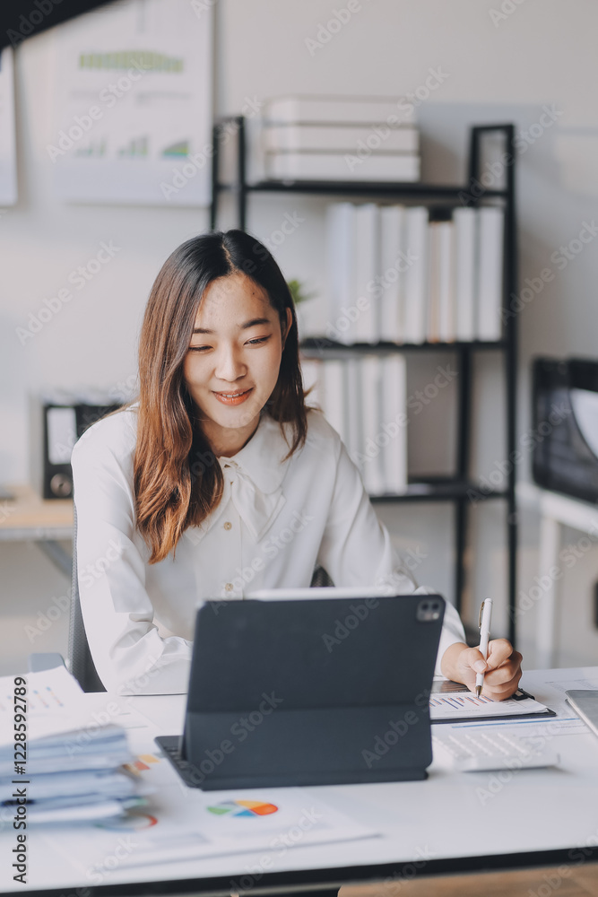 Portrait of young asian woman working with laptop at home office.