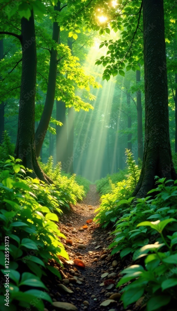 Obraz premium Sunlight dappled forest floor, vibrant green foliage, landscape, blossoms
