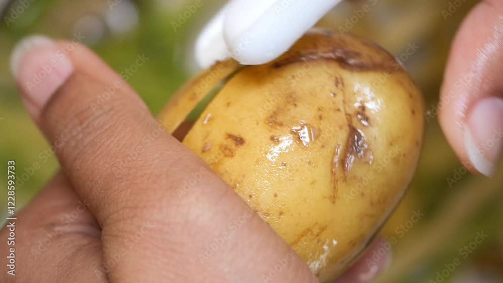 Peeling a potato in a rustic kitchen Peeling a potato in a rustic kitchen