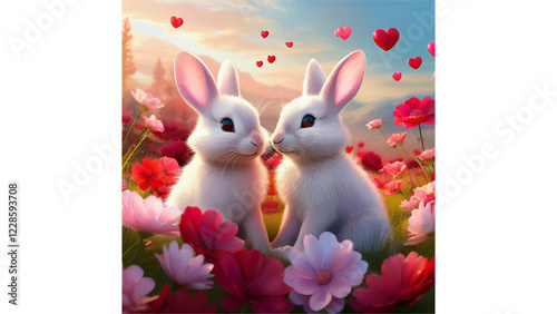 A pair of adorable white bunnies with rosy cheeks sitting in a meadow2