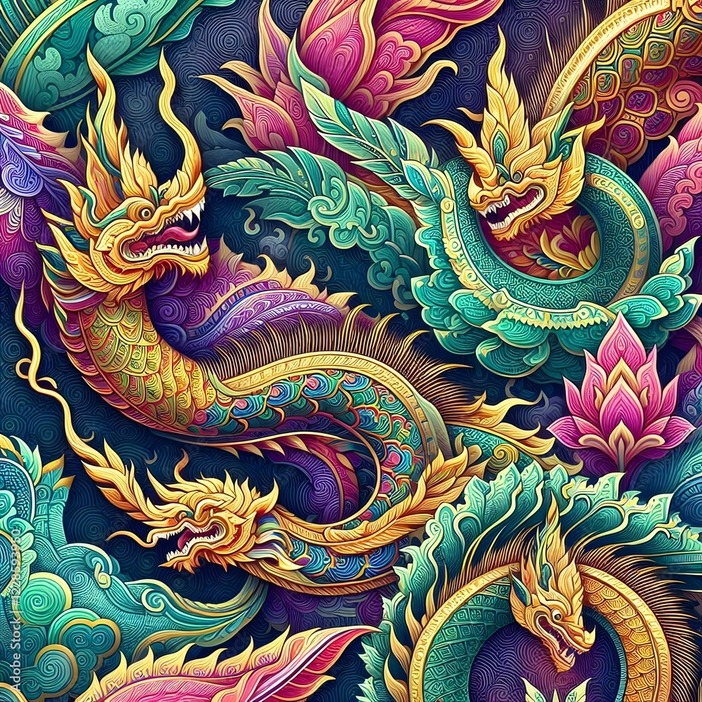 custom made wallpaper toronto digitalThai Dragon Naga – Majestic Serpent in Vibrant Colors