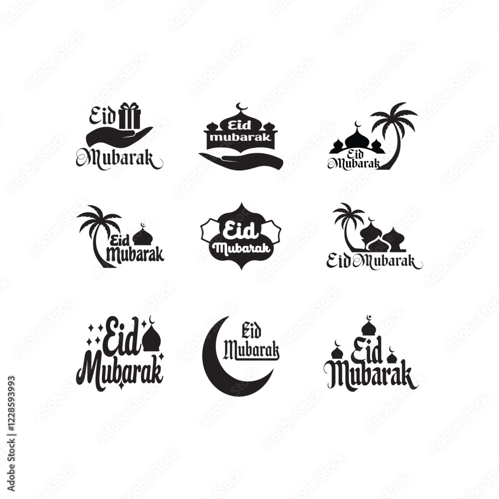 Naklejka premium Eid Mubarak Typography vector Art design. Eid Mubarak sign, wish greeting, banner, sticker, card, poster, illustration—isolated vector stock on a white background.