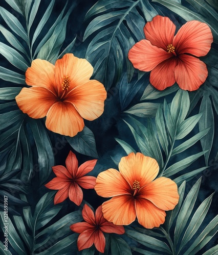 Wallpaper Mural Tropical Floral Watercolor Wreath with Palm Leaves and Protea for Wedding Invitations and Greeting Cards Torontodigital.ca