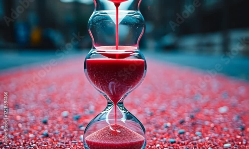 Hourglass pouring red sand on a vibrant surface, symbolizing the passage of time in a busy urban setting