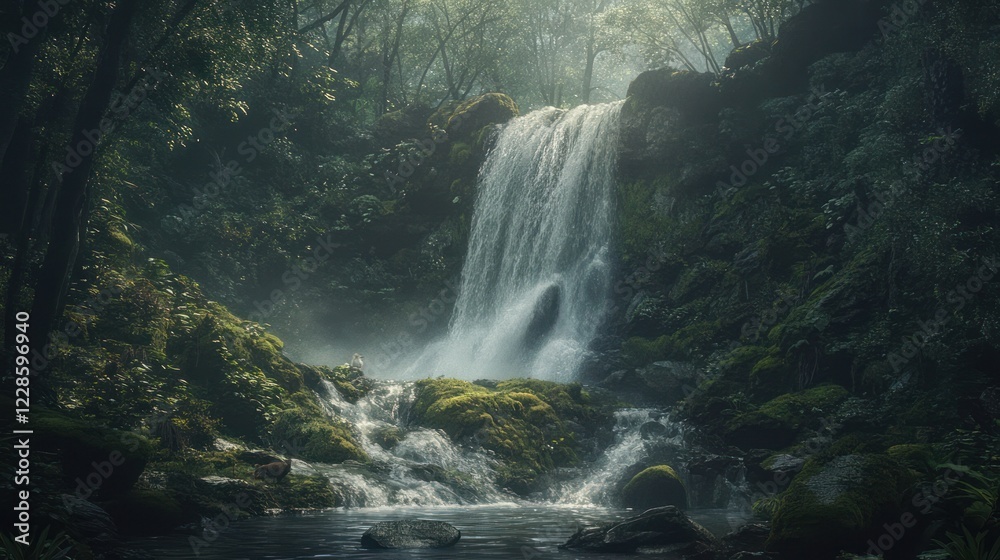 Misty waterfall cascading down mossy rocks in lush forest; serene nature scene for travel, relaxation Misty waterfall cascading down mossy rocks in lush forest; serene nature scene for travel, relaxation