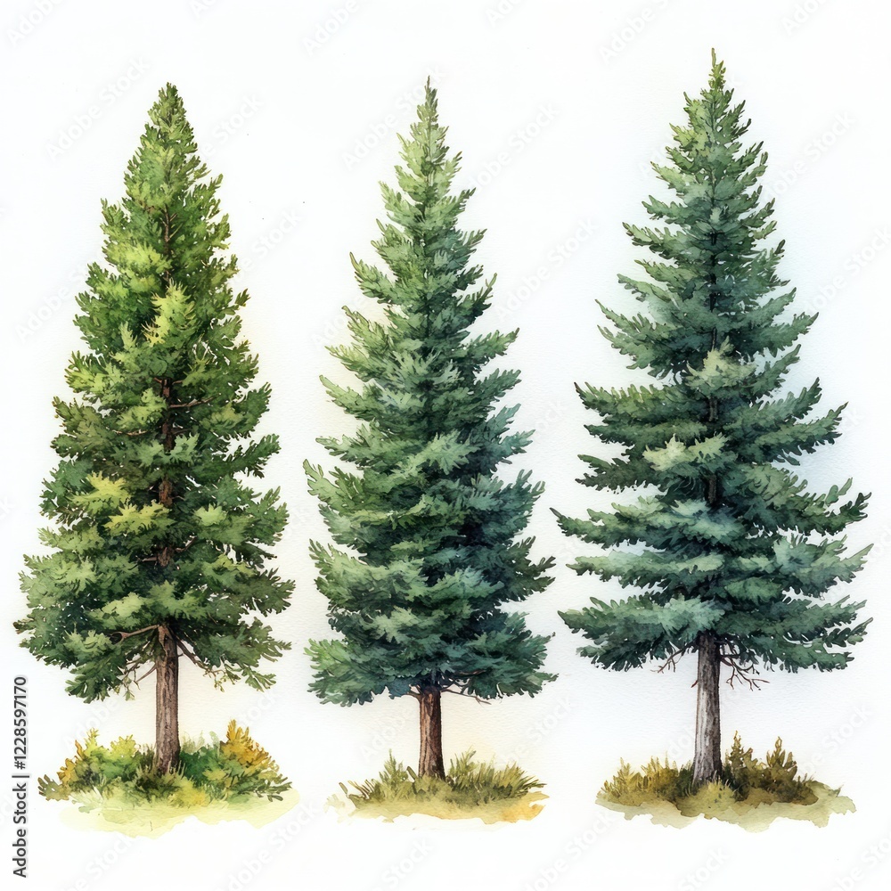 Obraz premium Watercolor Pine Tree Collection Winter Nature Illustration Hand Drawn Natural Background