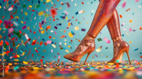 Banner de carnaval com pés de salto alto de passista em passos típicos, fundo infinito, chuva de confete e papel picado, espaço para texto e conteúdo photo