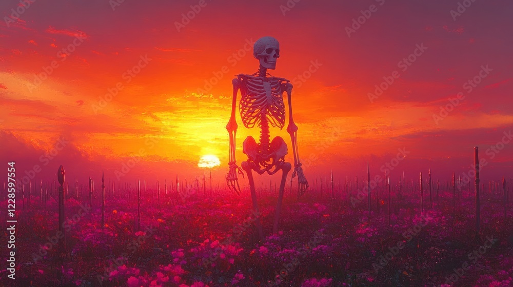 Naklejka premium Surreal Landscape with Skeletal Figure, Mystical Swords and Vibrant Sunset