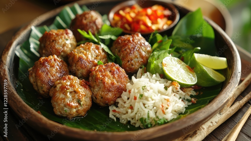 Delicious Indonesian Meatballs: Sizzling Indonesian meatballs served with vibrant sambal and refreshing shredded cabbage salad, presented on a rustic wooden plate with banana leaves. Delicious Indonesian Meatballs: Sizzling Indonesian meatballs served with vibrant sambal and refreshing shredded cabbage salad, presented on a rustic wooden plate with banana leaves.