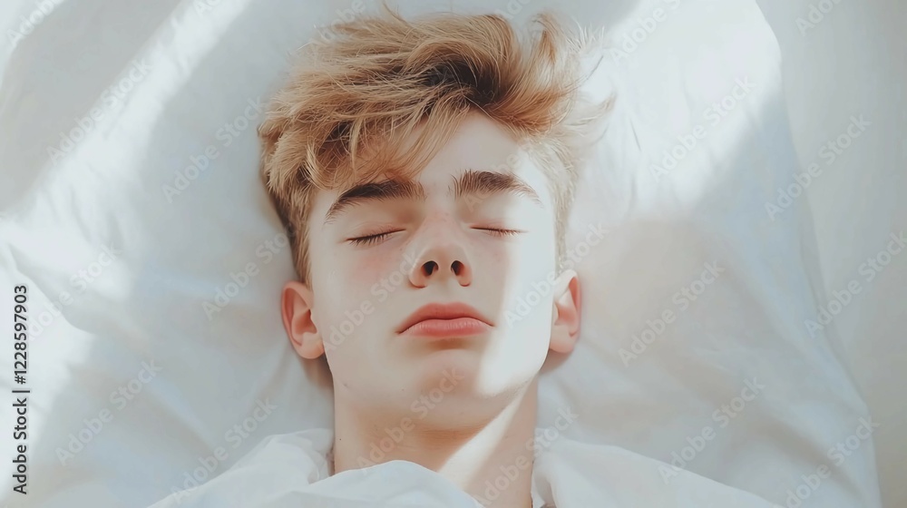 Teenager lying in a hospital bed, eyes closed, looking tired and exhausted, with a white blanket covering half of the body. The room is dimly lit with a soft glow from the window, creating a calm atmo Teenager lying in a hospital bed, eyes closed, looking tired and exhausted, with a white blanket covering half of the body. The room is dimly lit with a soft glow from the window, creating a calm atmo