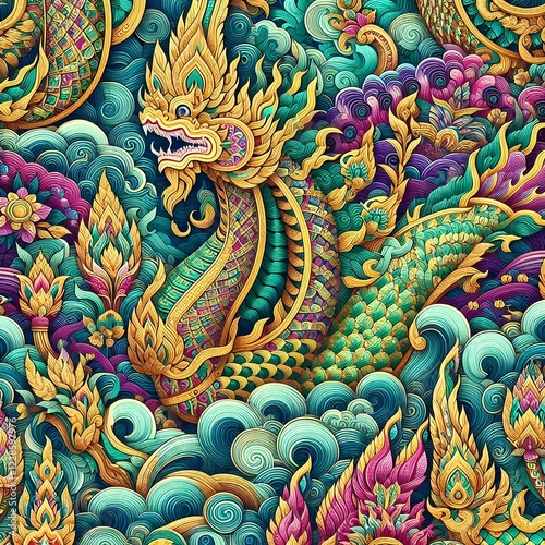 Wallpaper Mural travel, temple, culture, religion, buddhism, sculpture, asia, art, architecture, design, gold, colorful, legend, ancient, thai, vibrant, snake, thailand, beautiful, dragon, decoration, golden, tourism Torontodigital.ca