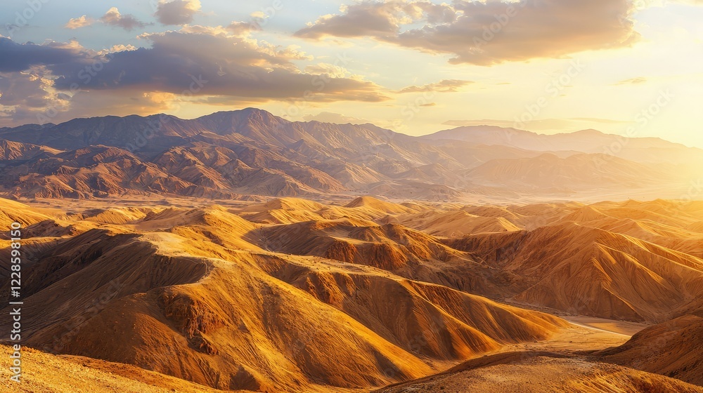 Naklejka premium Breathtaking Sunrise Over Serene Desert Landscape with Mountain View