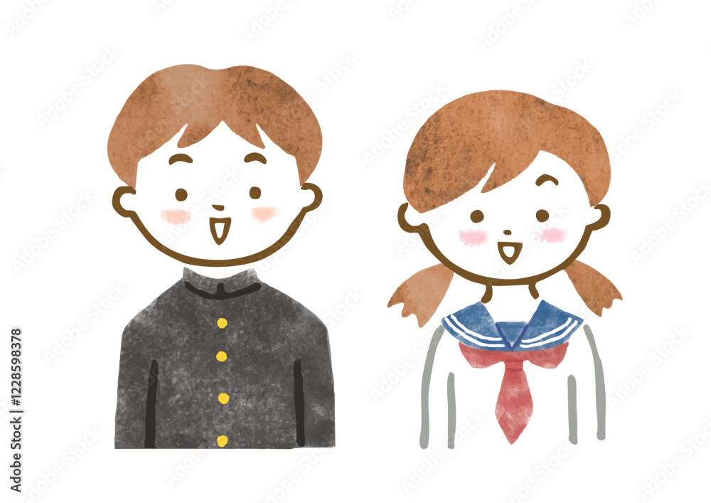Naklejka premium 制服を着た中高生男女の上半身イラスト