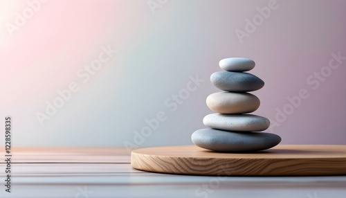 zen, stones, asymmetrical, stack, varied, shapes, artistic, textures, polished, wooden, platform, pastel, colors, gradient, smooth, minimalist, elegant, aesthetic, photorealistic, detail, ultra, 