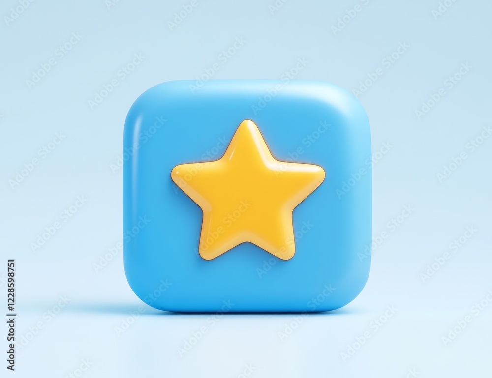3D render of a blue square button with a yellow star. 3D render of a blue square button with a yellow star.
