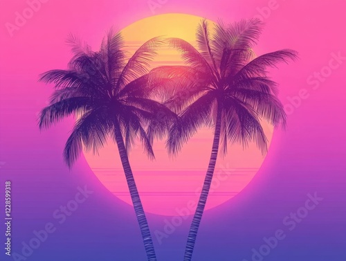 Two palm trees at sunset, retro 80s sci-fi style. Design for advertising brochure, banner, poster, travel agency.